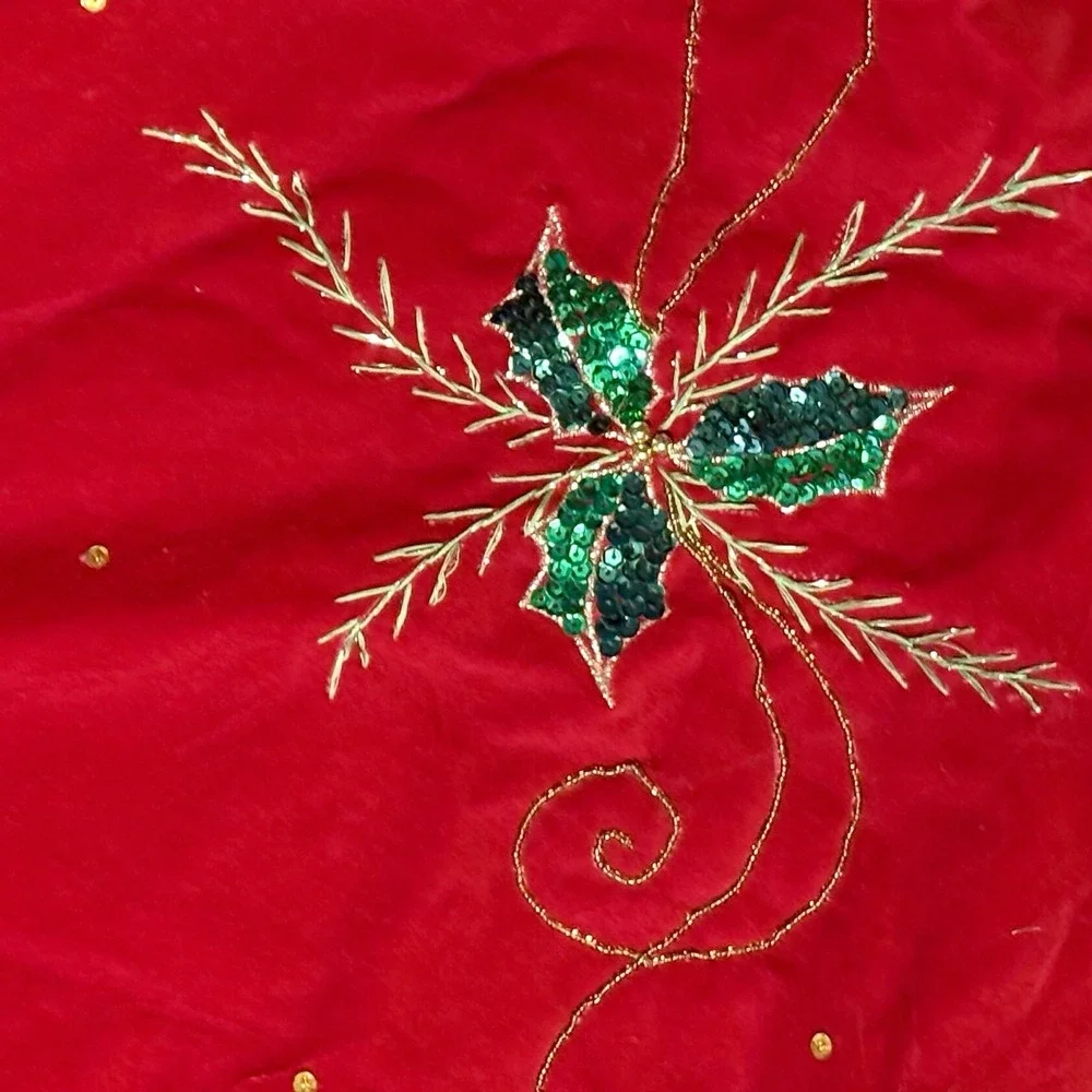 Christmas Tree‎ Skirt VTG Sequin Holly Leaves Embroidery Velor Red 47 Inches